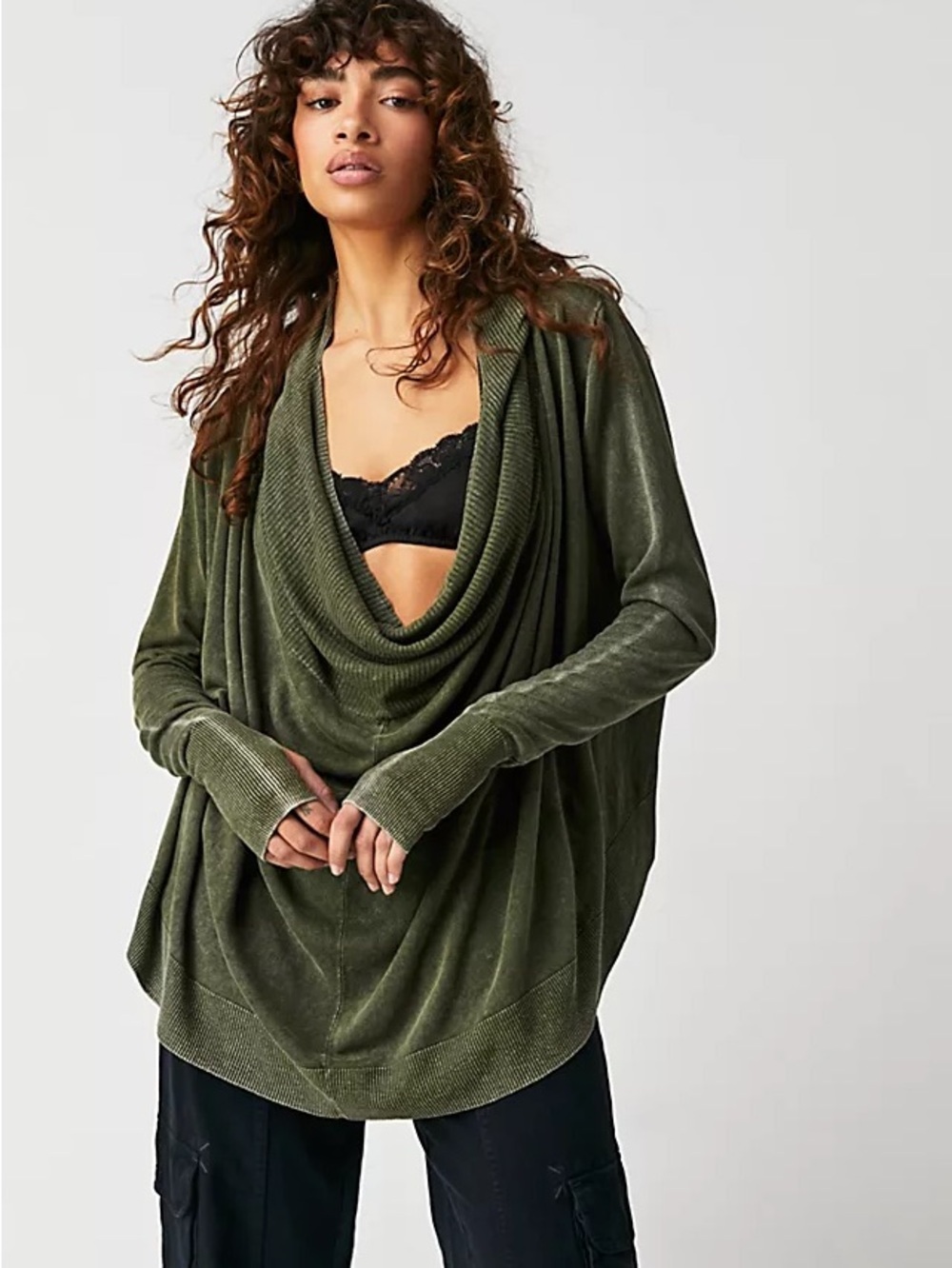 NWOT Nicholas K Olive Cowl Neck Lightweight Linen Blend Hoodie Sweater